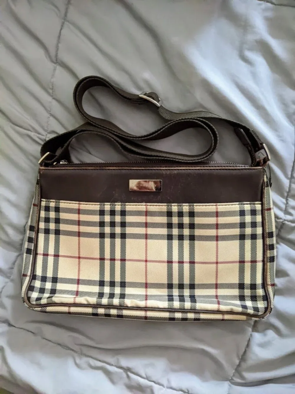 Burberry Vintage Nova Check Canvas Leather Trim Crossbody Shoulder Bag